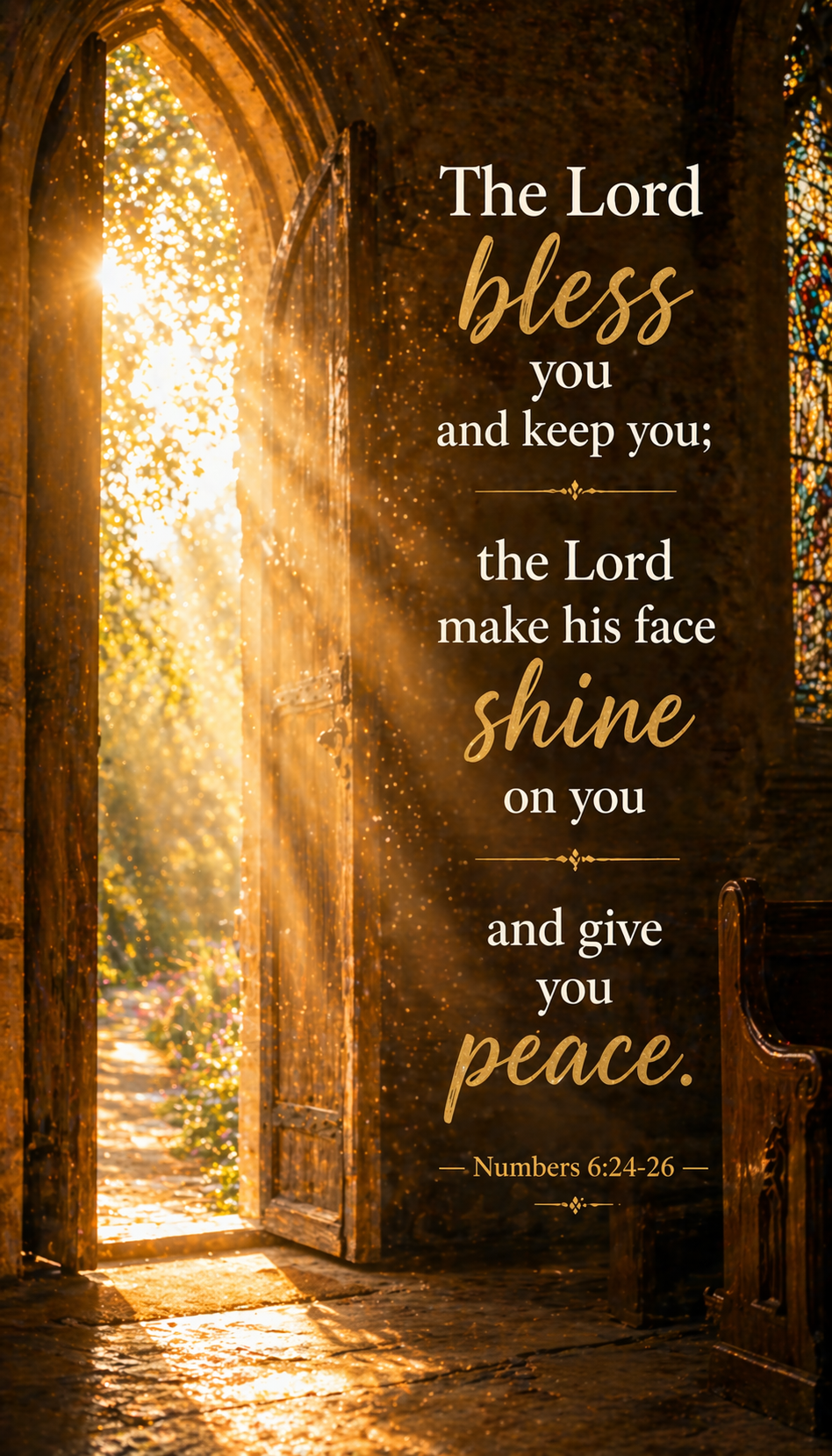Numbers 6:24-26 Bible verse phone wallpaper - The Lord bless you make his face shine give you peace - brilliant golden light through gothic church archway